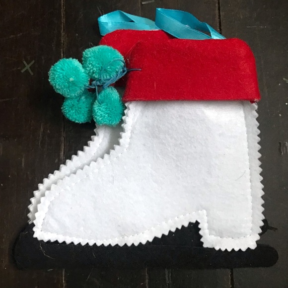 Handmade Pair of Felted Ice Skates Pom Pom Laces Sparkle Blades Winter Decor - Picture 3 of 8